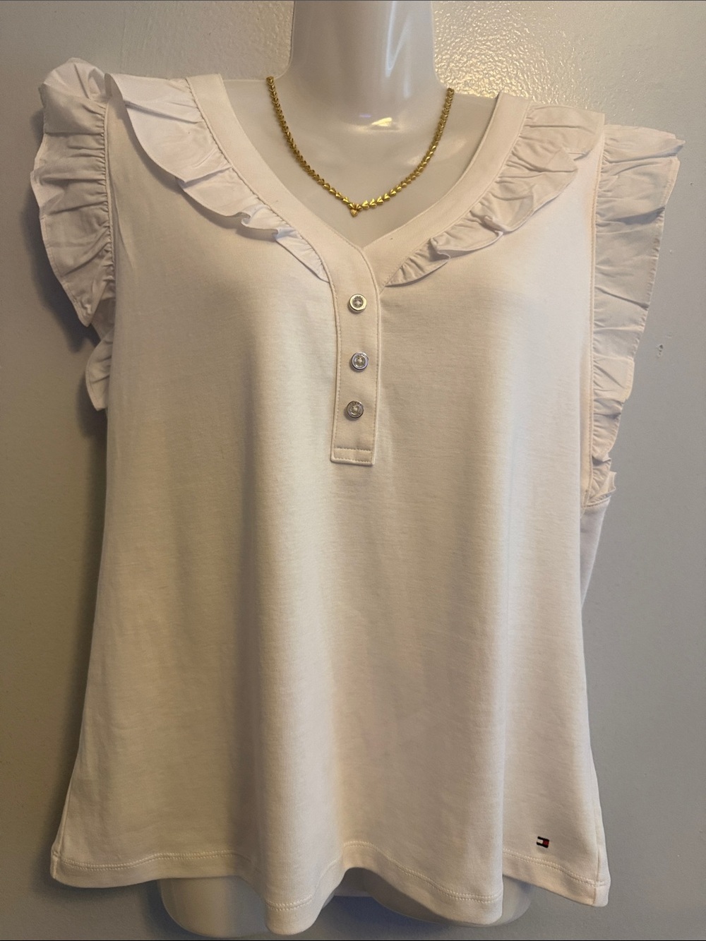 Tommy Hilfiger Cream Ruffle V-Neck Tank with Button Placket